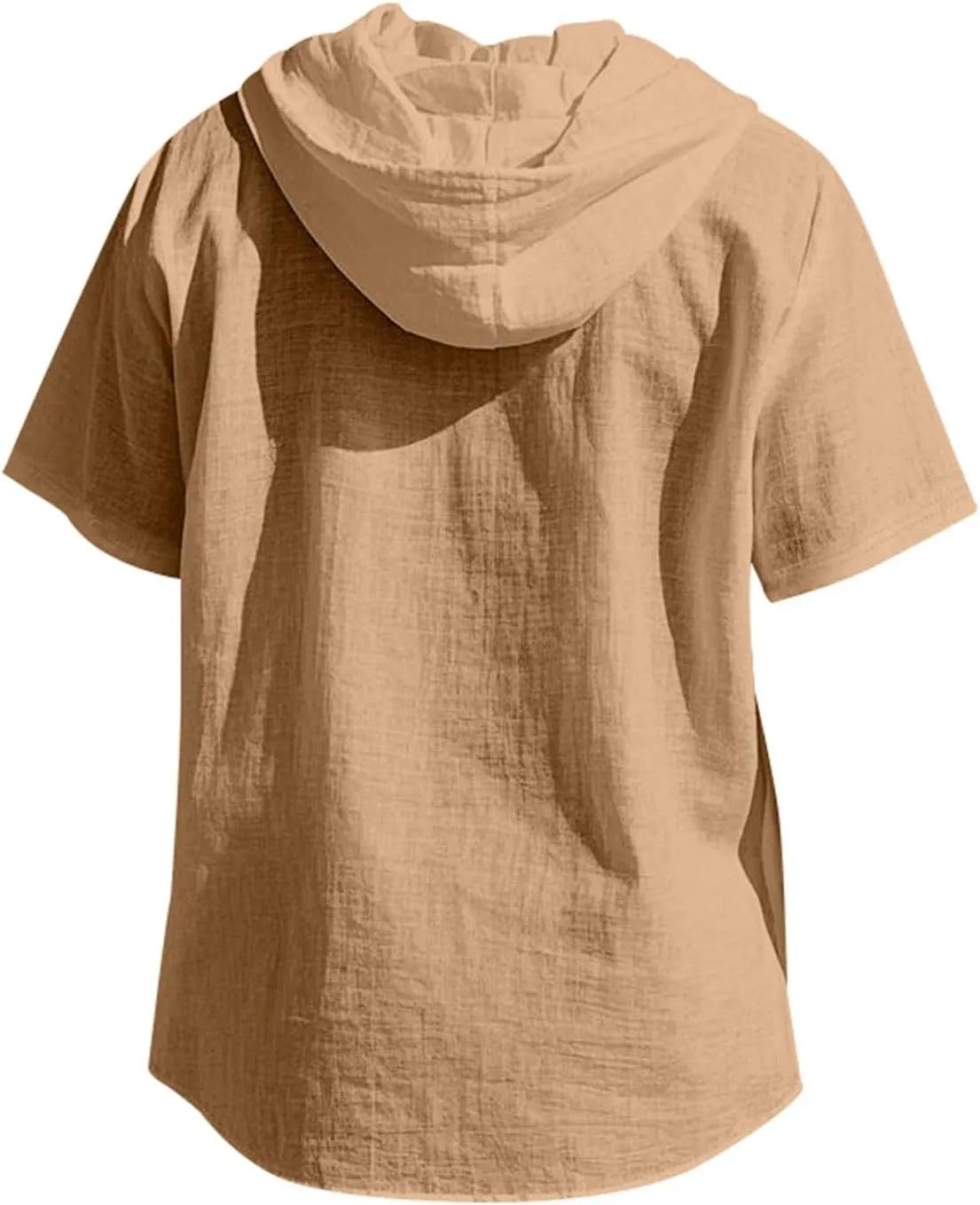 Cotton Linen Shirts for Men Casual Button Hooded Top Summer Drawstring Hoodie Beach Short Sleeve Shirt with Pocket