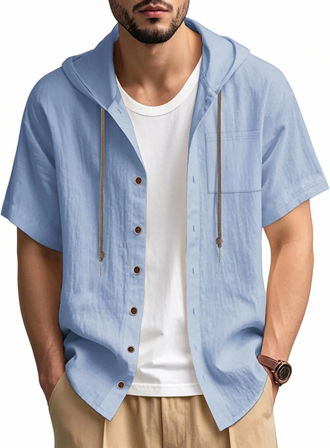 Cotton Linen Shirts for Men Casual Button Hooded Top Summer Drawstring Hoodie Beach Short Sleeve Shirt with Pocket