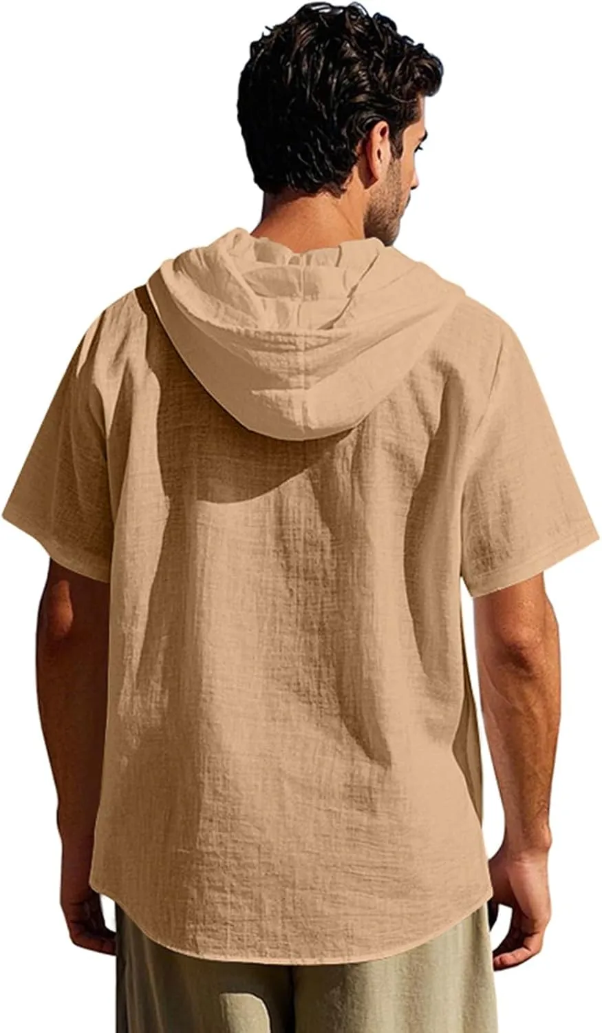 Cotton Linen Shirts for Men Casual Button Hooded Top Summer Drawstring Hoodie Beach Short Sleeve Shirt with Pocket