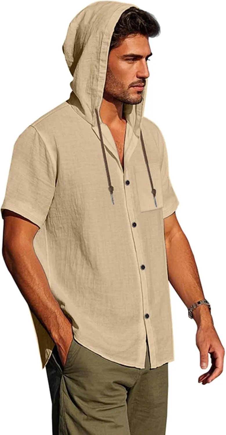 Cotton Linen Shirts for Men Casual Button Hooded Top Summer Drawstring Hoodie Beach Short Sleeve Shirt with Pocket