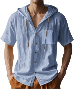 Cotton Linen Shirts for Men Casual Button Hooded Top Summer Drawstring Hoodie Beach Short Sleeve Shirt with Pocket