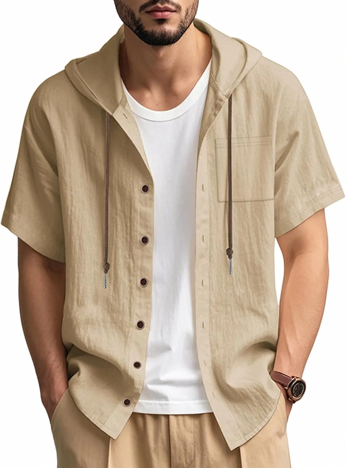Cotton Linen Shirts for Men Casual Button Hooded Top Summer Drawstring Hoodie Beach Short Sleeve Shirt with Pocket