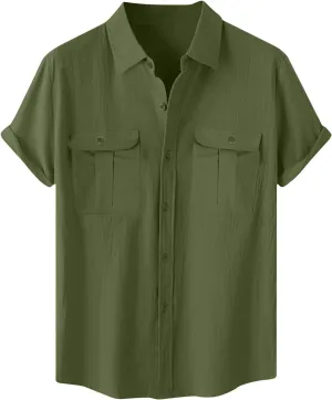 Cotton Linen Shirts for Men Short Sleeve Button Down Shirts Casual Summer Beach Tops Stylish Dress Shirt with Pockets