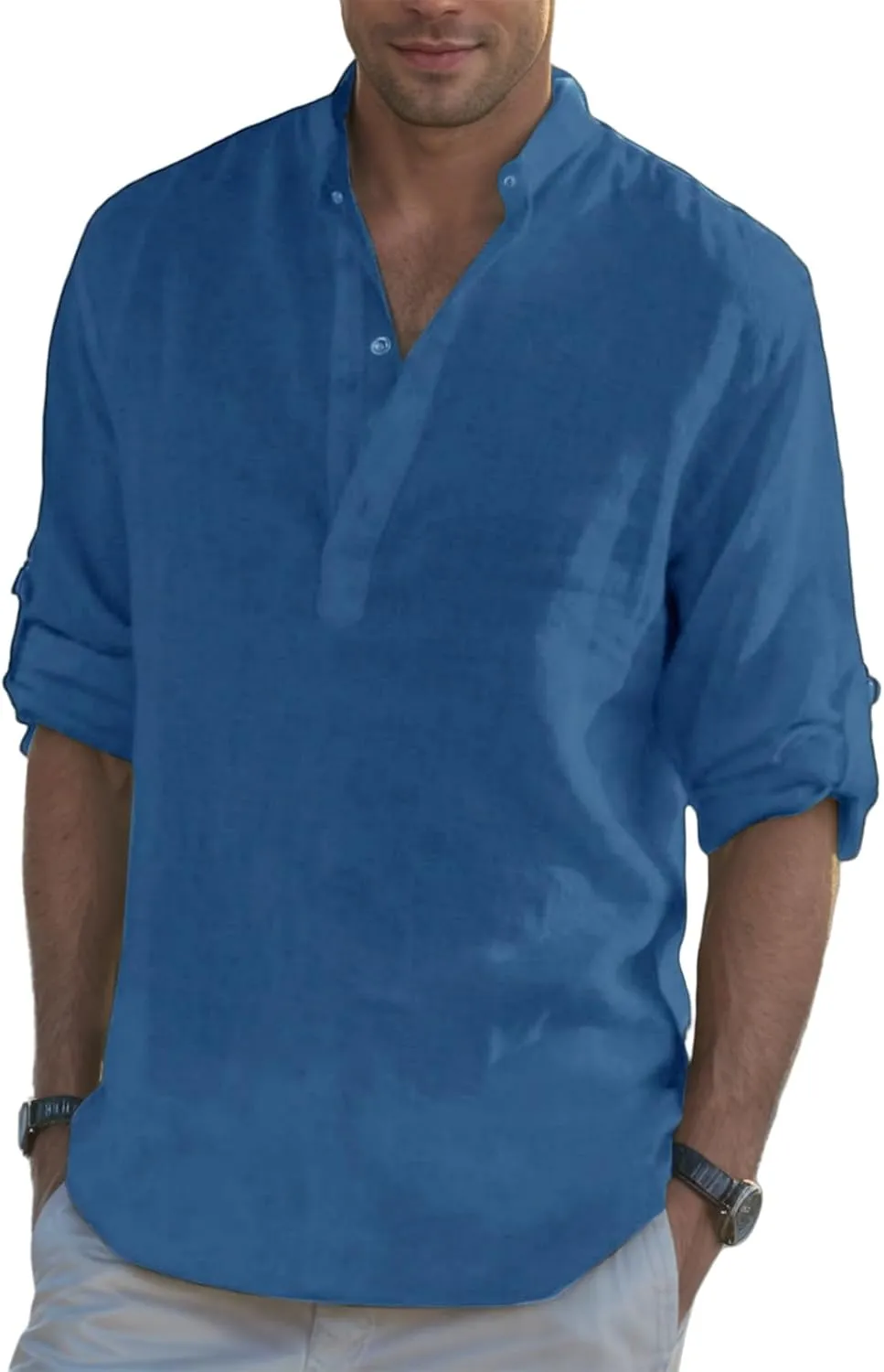Cotton Linen Shirts for Men Stand Collar Button Casual Loose Breathable Stylish Solid Tops Summer Outdoor Beach Tee