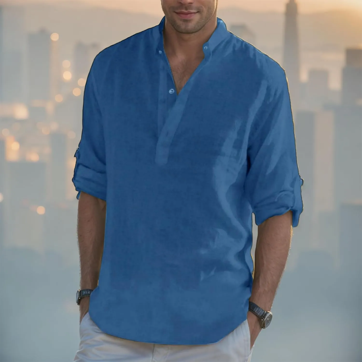 Cotton Linen Shirts for Men Stand Collar Button Casual Loose Breathable Stylish Solid Tops Summer Outdoor Beach Tee
