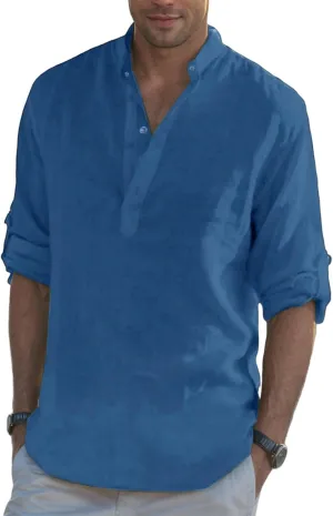 Cotton Linen Shirts for Men Stand Collar Button Casual Loose Breathable Stylish Solid Tops Summer Outdoor Beach Tee