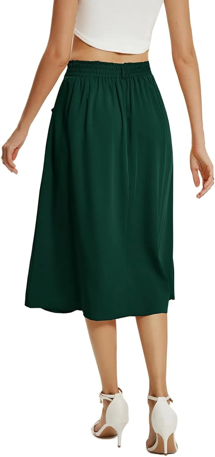 CRIDMPU Women's Casual High Waist Pleated A-Line Midi Skirt with Pocket