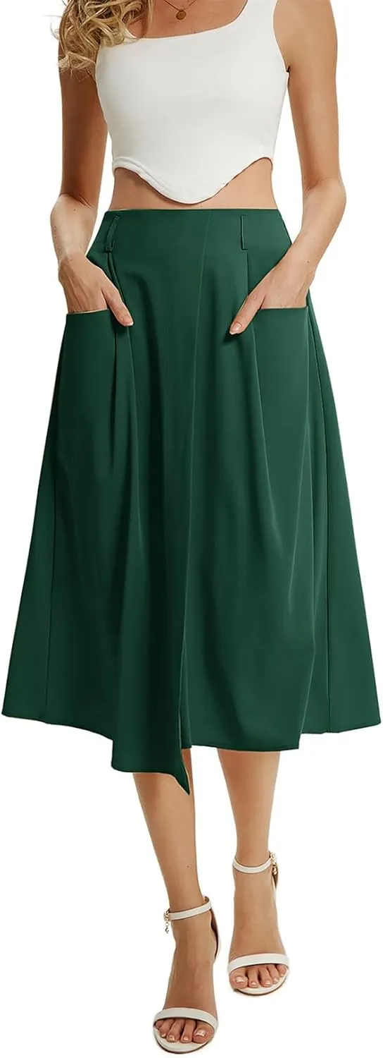 CRIDMPU Women's Casual High Waist Pleated A-Line Midi Skirt with Pocket