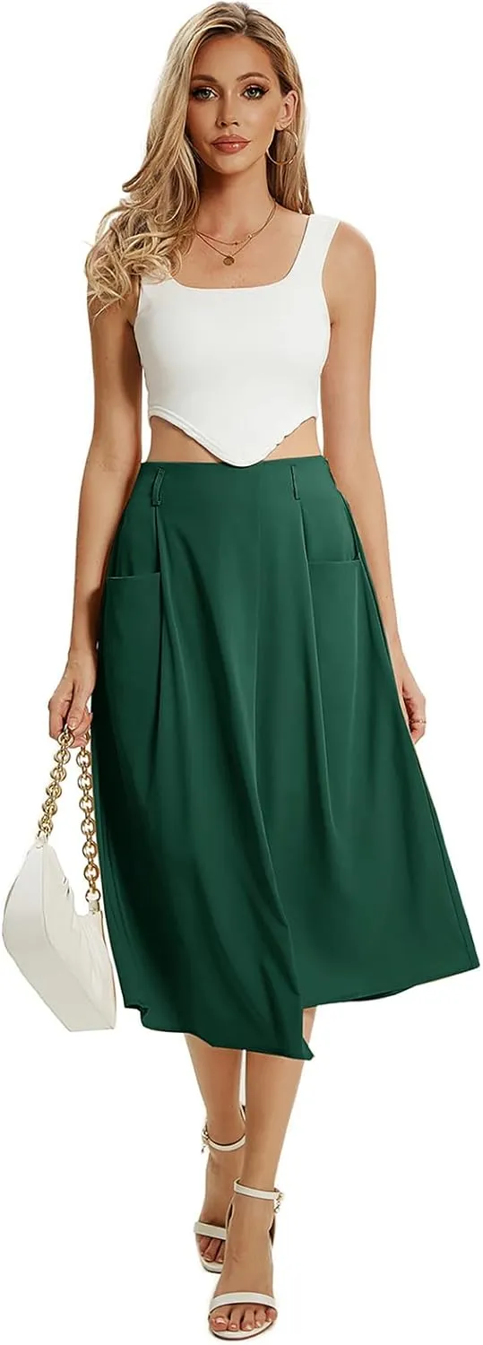 CRIDMPU Women's Casual High Waist Pleated A-Line Midi Skirt with Pocket