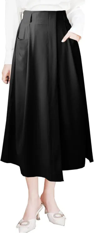 CRIDMPU Women's Casual High Waist Pleated A-Line Midi Skirt with Pocket