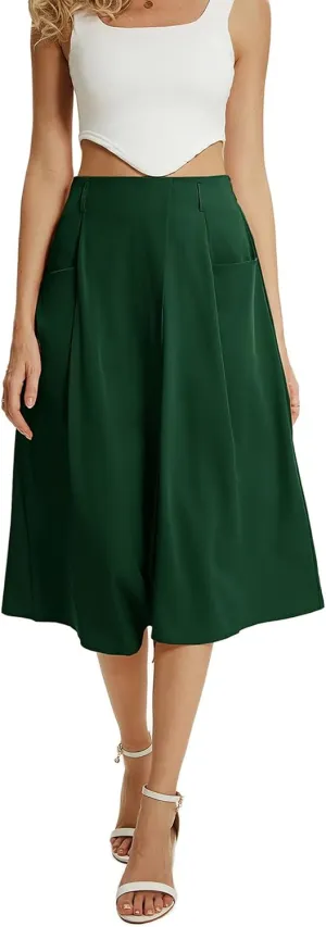 CRIDMPU Women's Casual High Waist Pleated A-Line Midi Skirt with Pocket
