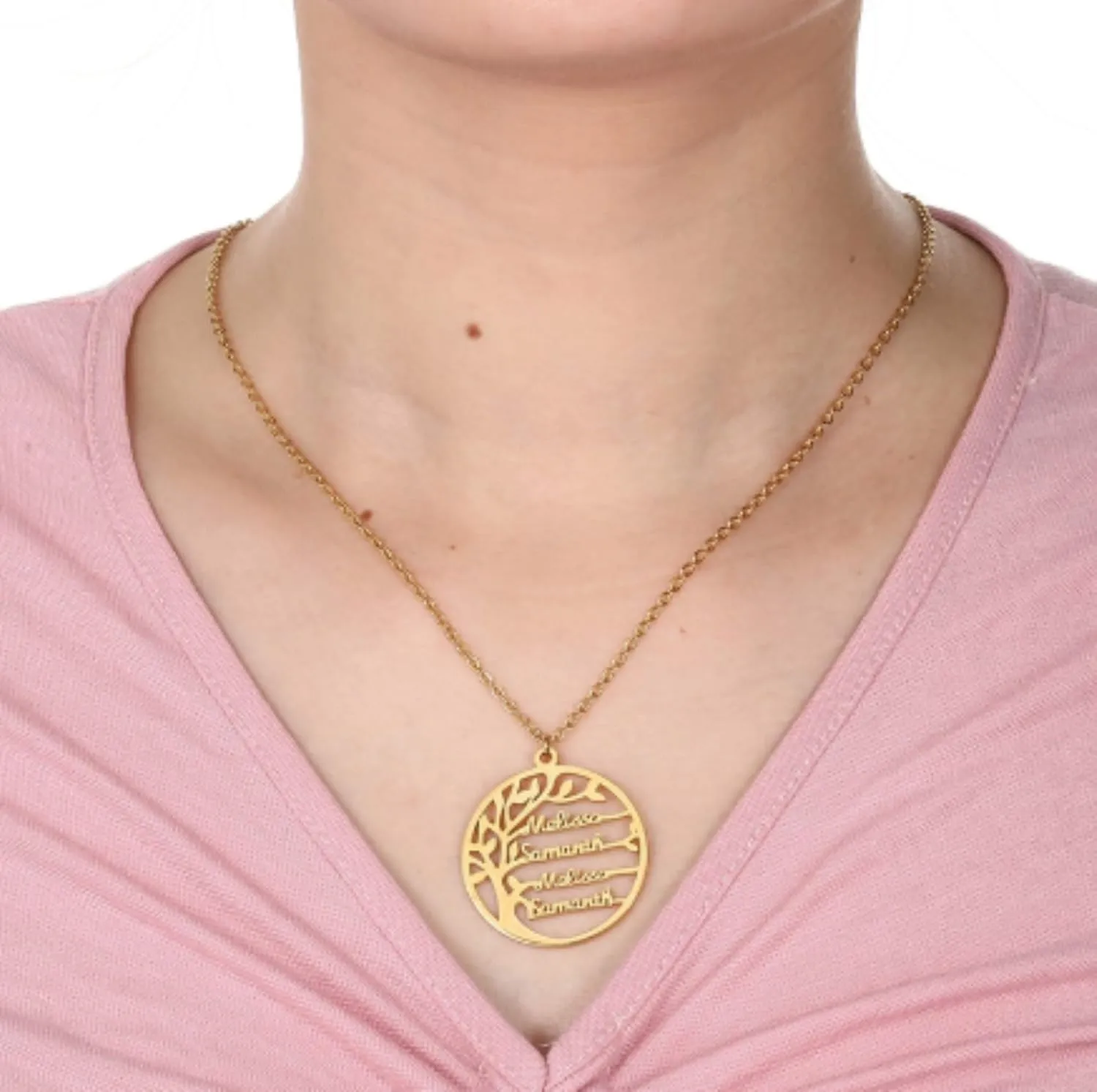 Custom Name Necklaces Family Tree Four Names Customizable Pendant Necklace in Gold