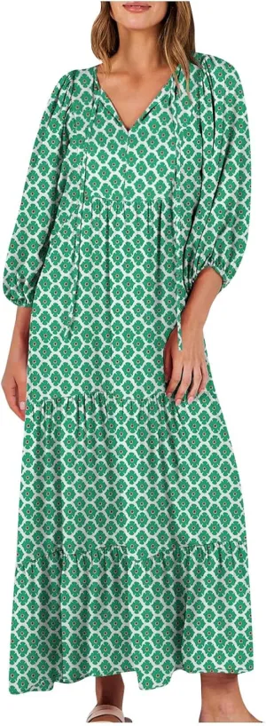 Cute Beach Vacation Sundresses Women Trendy Casual Summer Half Sleee V -Neck Maxi Dress Boho Floral Flowy Dresses