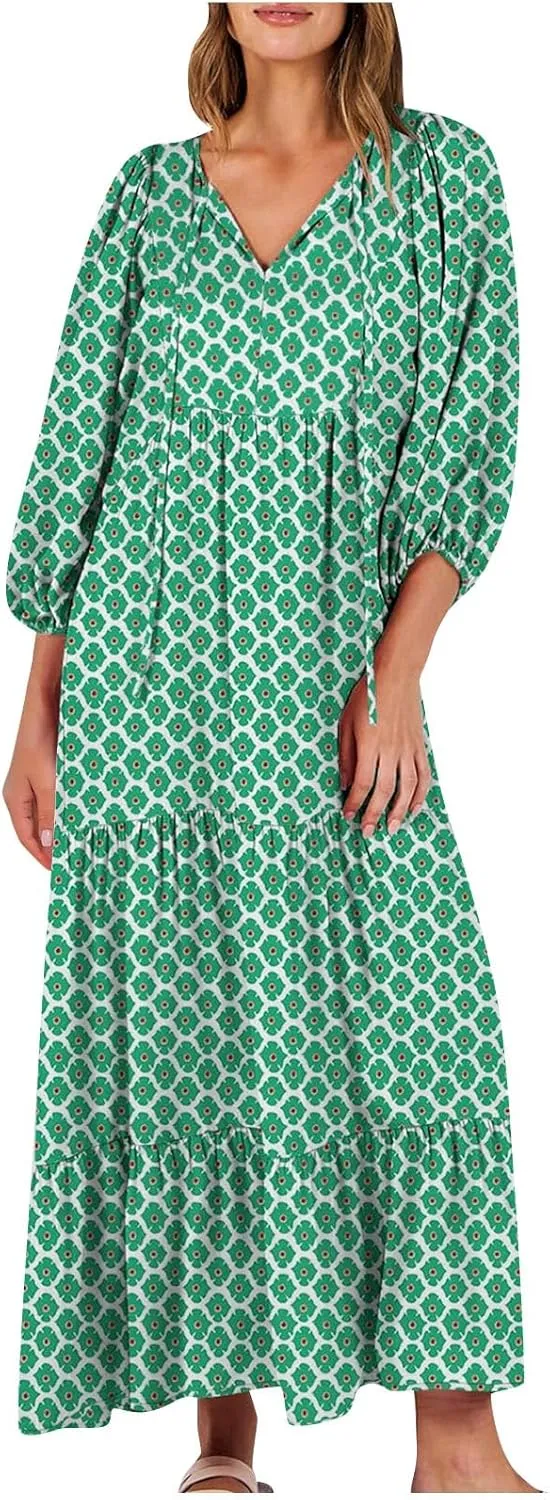 Cute Beach Vacation Sundresses Women Trendy Casual Summer Half Sleee V -Neck Maxi Dress Boho Floral Flowy Dresses