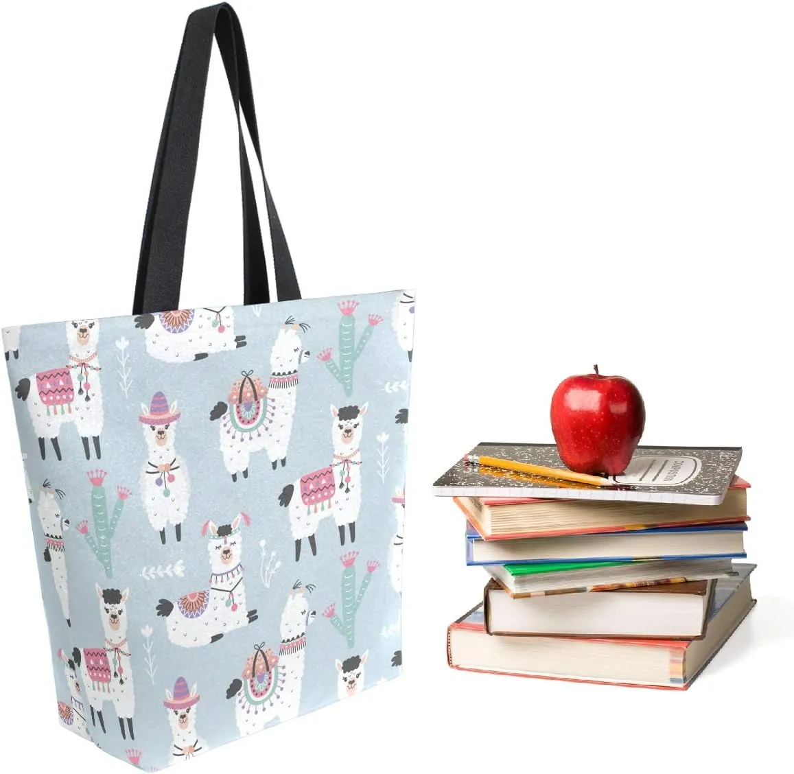 Cute Dressed Llama Alpaca Cactus Extra Large Canvas Beach Travel Reusable Grocery Shopping Tote Bag Foldable Handbag Portable Storage HandBags