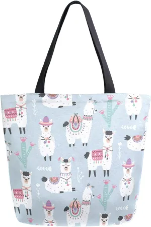 Cute Dressed Llama Alpaca Cactus Extra Large Canvas Beach Travel Reusable Grocery Shopping Tote Bag Foldable Handbag Portable Storage HandBags