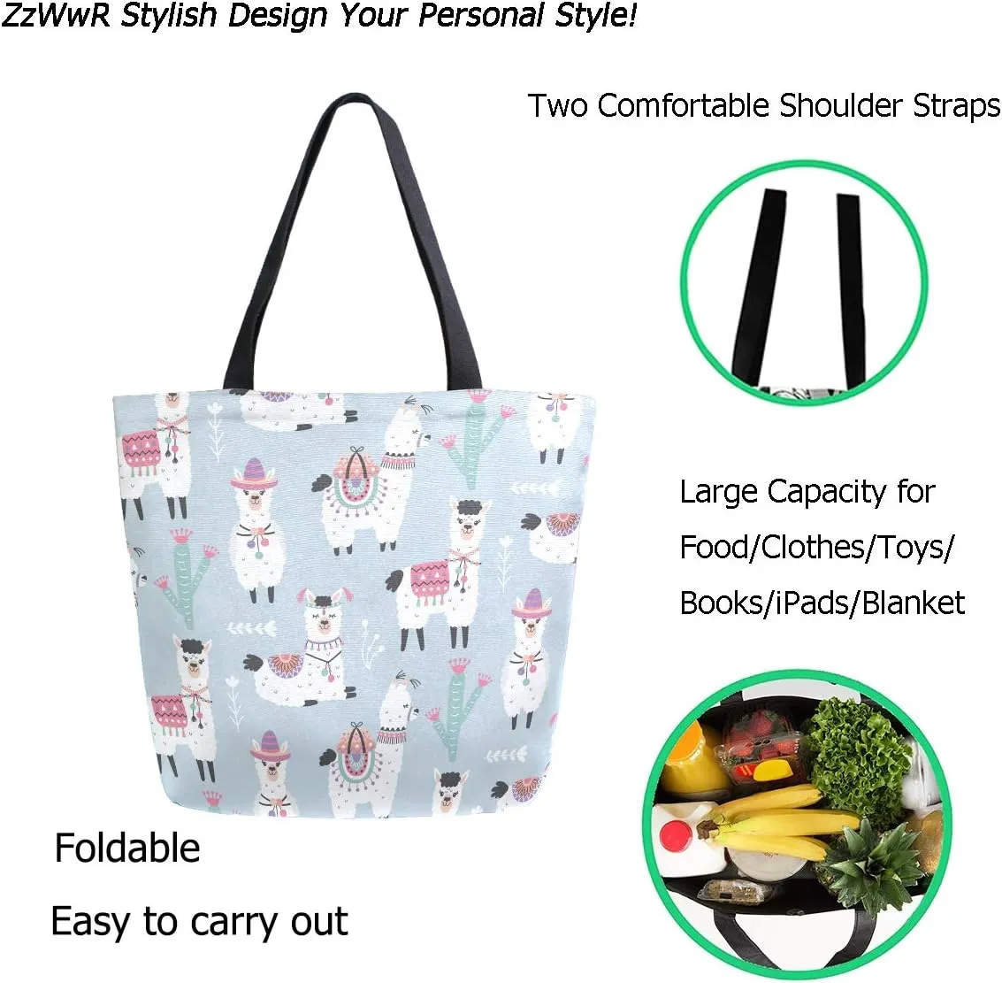 Cute Dressed Llama Alpaca Cactus Extra Large Canvas Beach Travel Reusable Grocery Shopping Tote Bag Foldable Handbag Portable Storage HandBags