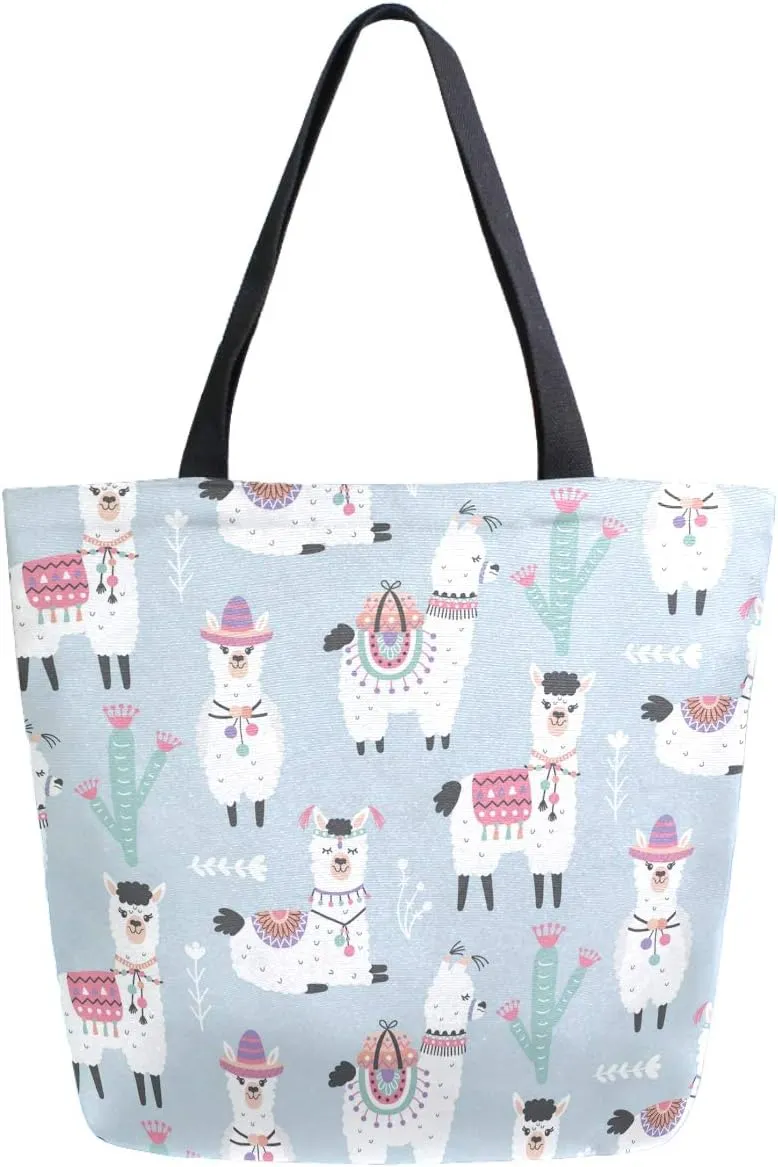 Cute Dressed Llama Alpaca Cactus Extra Large Canvas Beach Travel Reusable Grocery Shopping Tote Bag Foldable Handbag Portable Storage HandBags