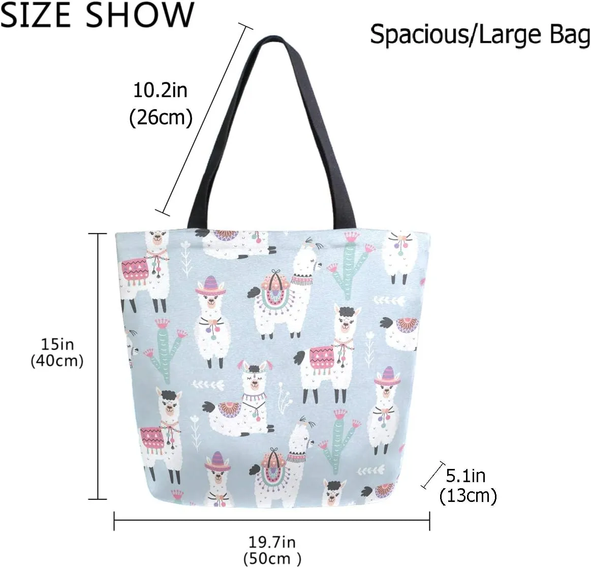 Cute Dressed Llama Alpaca Cactus Extra Large Canvas Beach Travel Reusable Grocery Shopping Tote Bag Foldable Handbag Portable Storage HandBags