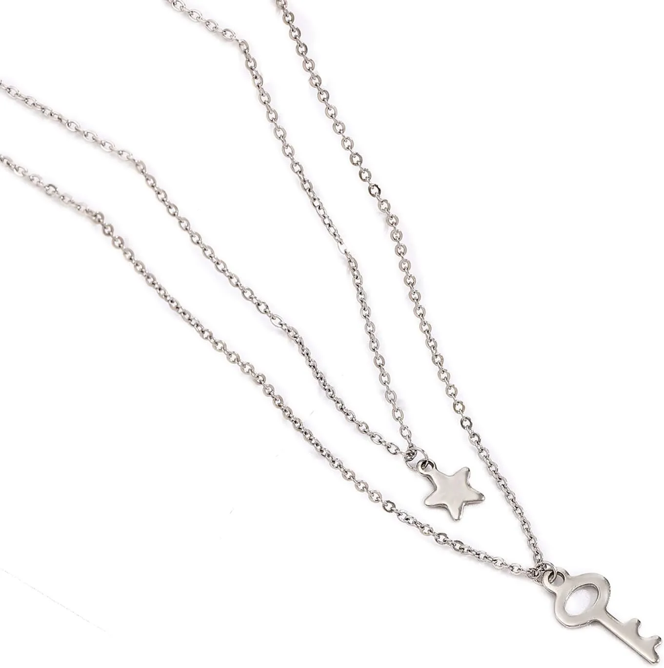 Cute Necklaces for Women, Stainless Steel Necklaces for Women Silver Star Key Pendant Double Layer Necklace Pendant Necklaces