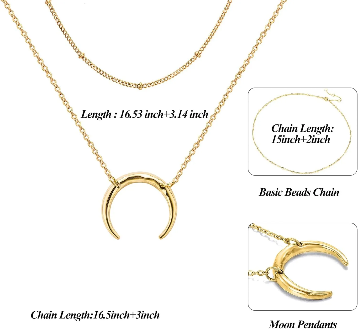 Dainty Gold Layered Bar Neckalce Moon Pendant Lariat Y Necklace 14K Gold Simple Necklace for Women