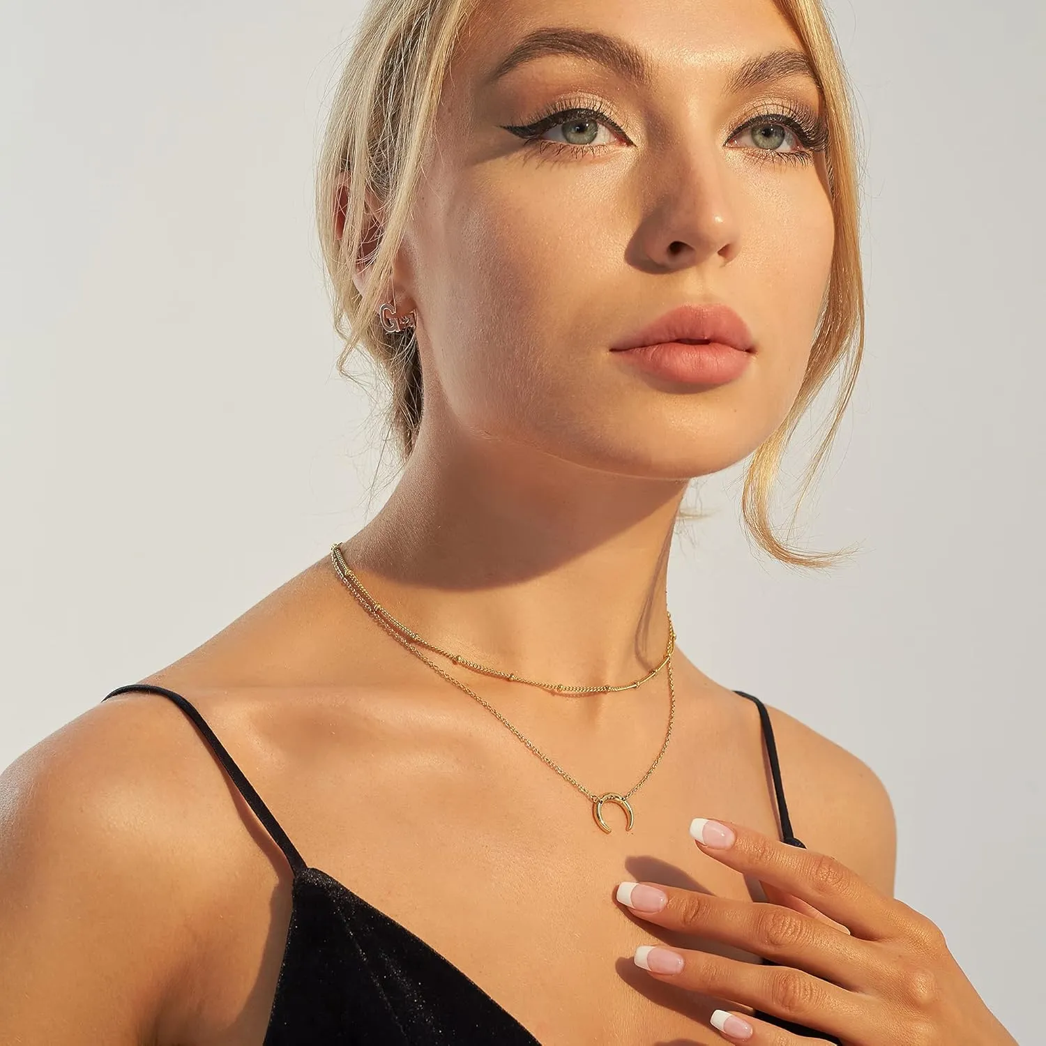 Dainty Gold Layered Bar Neckalce Moon Pendant Lariat Y Necklace 14K Gold Simple Necklace for Women