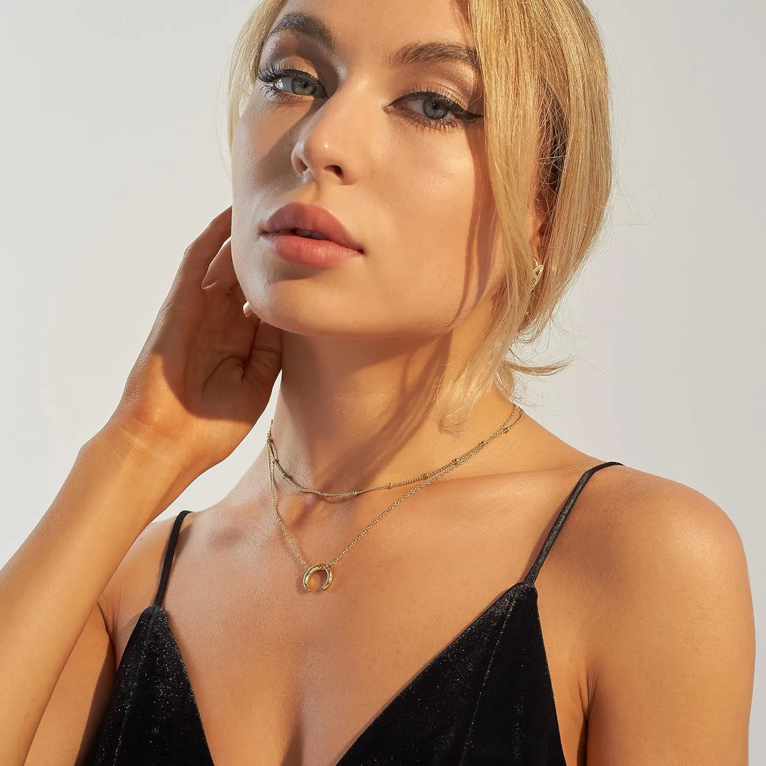 Dainty Gold Layered Bar Neckalce Moon Pendant Lariat Y Necklace 14K Gold Simple Necklace for Women