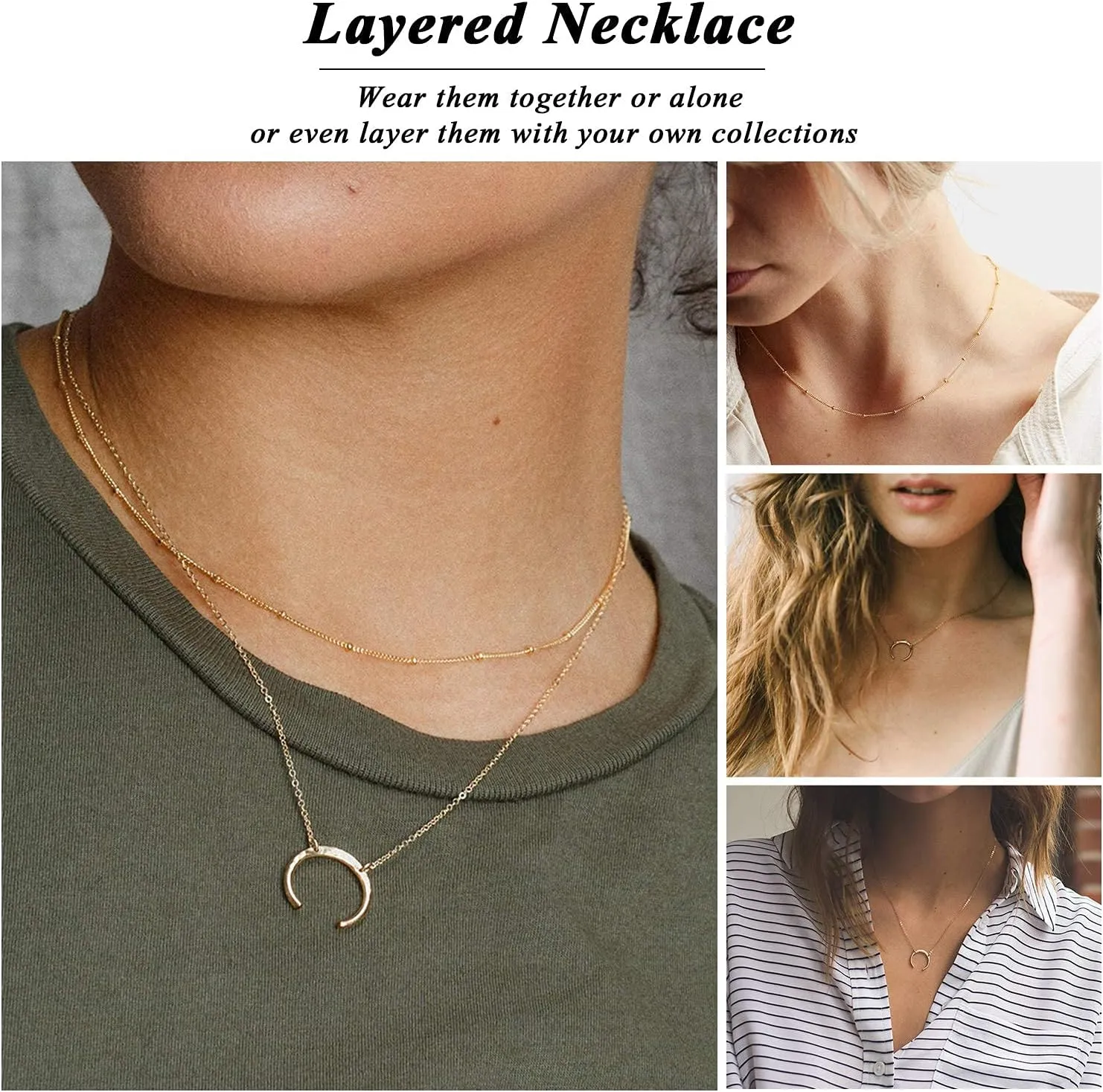 Dainty Gold Layered Bar Neckalce Moon Pendant Lariat Y Necklace 14K Gold Simple Necklace for Women