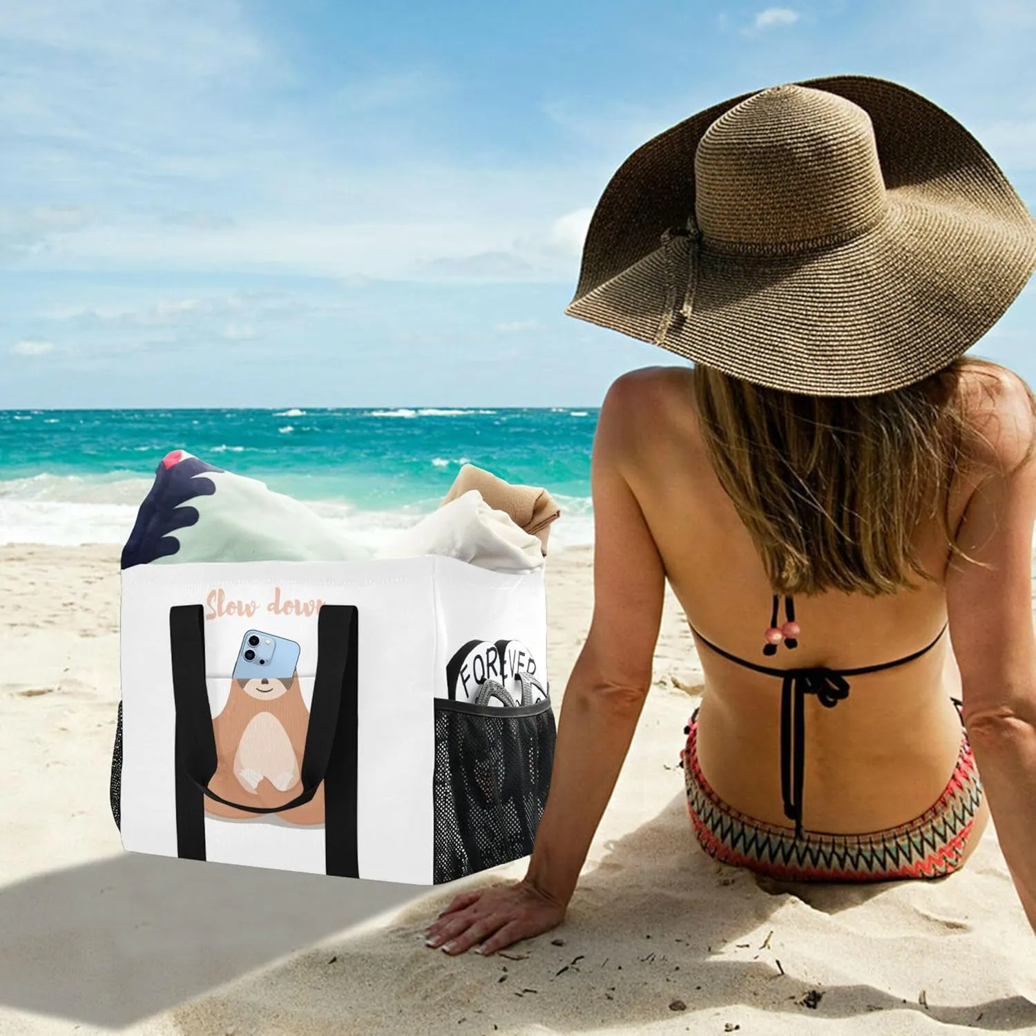 Daisy Floral Blue Reusable Grocery Bags, Foldable Canvas Tote Bag Waterproof Travel Beach Bag for Shopping Work Gym