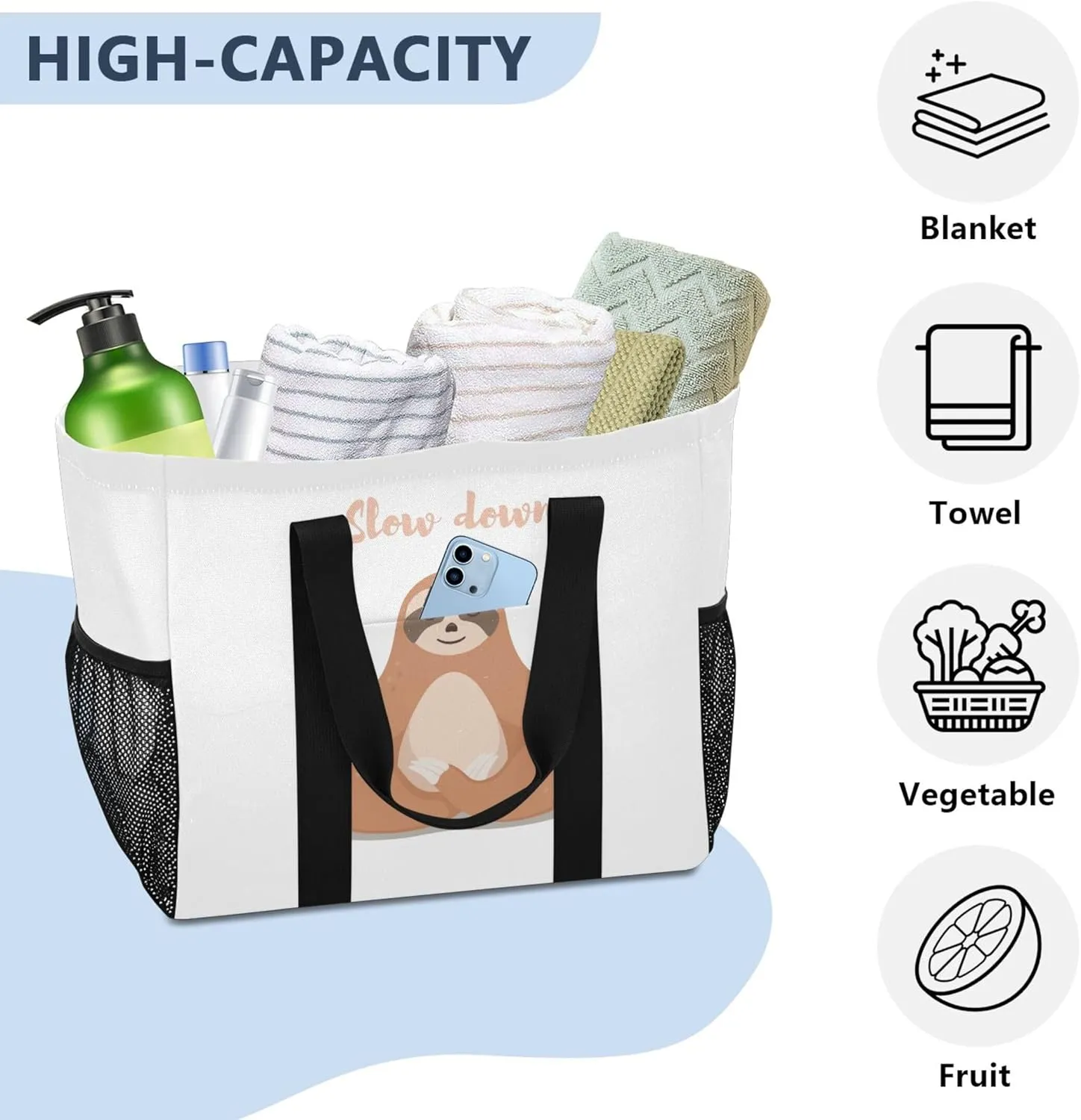 Daisy Floral Blue Reusable Grocery Bags, Foldable Canvas Tote Bag Waterproof Travel Beach Bag for Shopping Work Gym