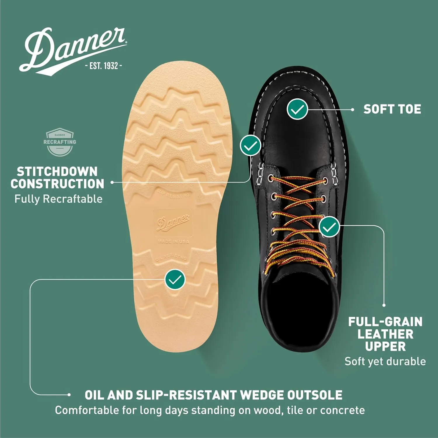 Danner 6 Bull Run Moc Toe Work Boots for Men - Oiled Full-Grain Leather Upper with Non Slip Wedge Outsole and 3-Density Cushion Footbed, EH Resistant