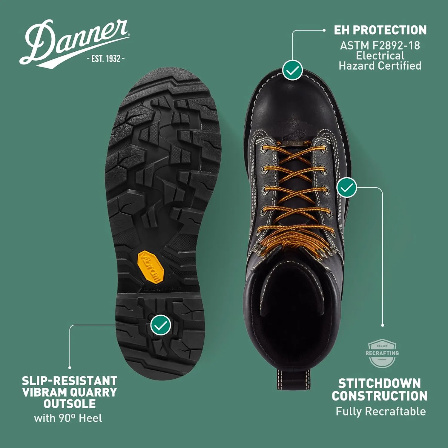 Danner 8 Quarry USA Waterproof Work Boots for Men - Full-Grain Leather with Gore-Tex, 3-Density Cushion Footbed & Traction Heel Outsole, EH Resistant