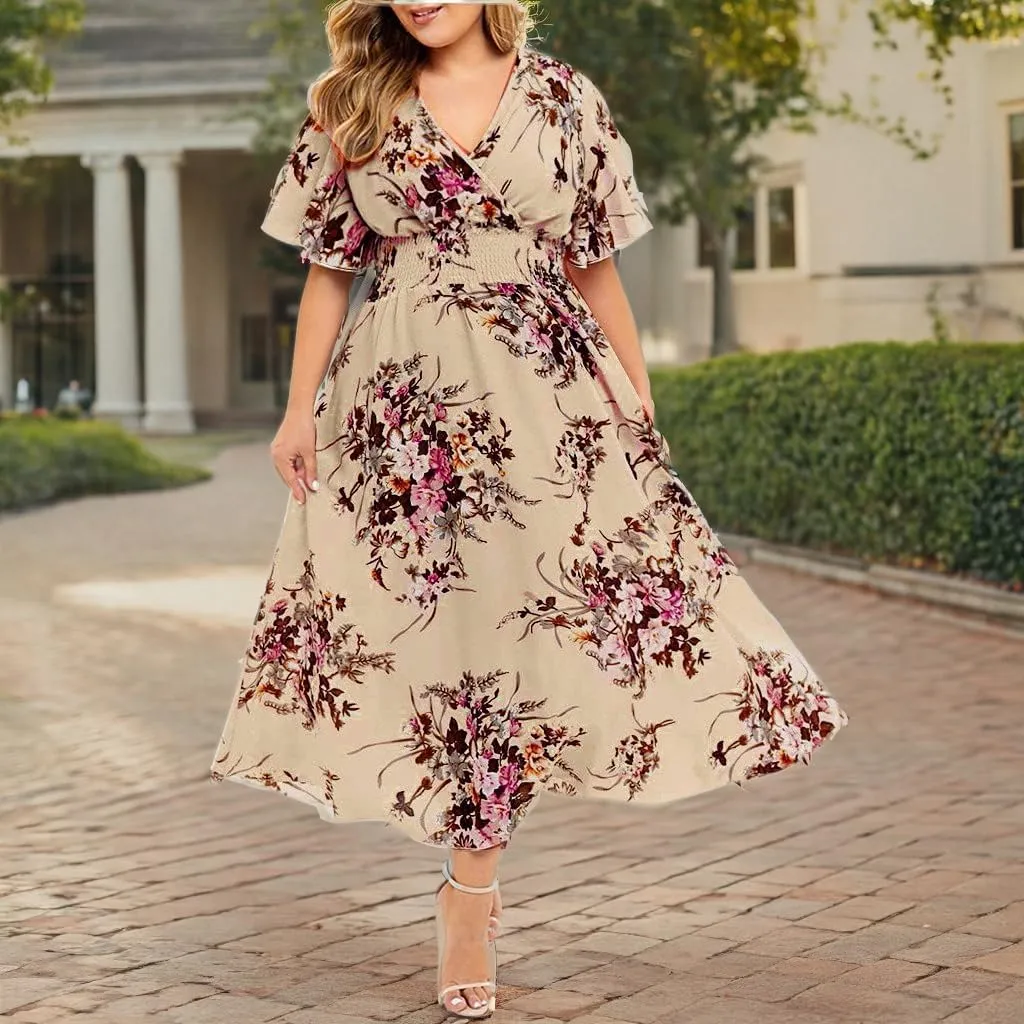DASAYO Plus Size Dresses for Curvy Women Floral Maxi Dress Short Sleeve Wrap V Neck Ruffle Long Sundresses