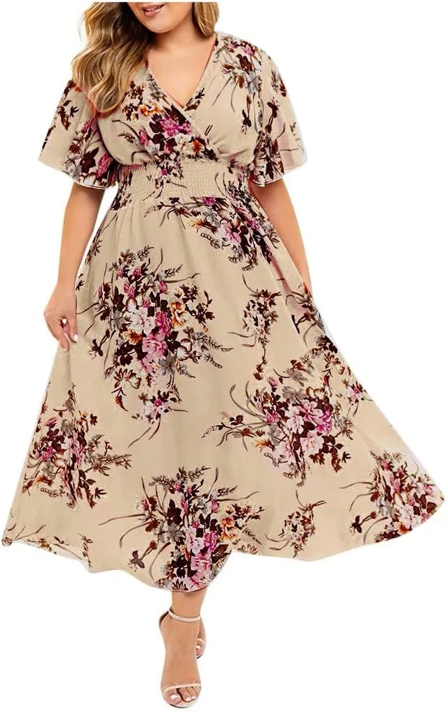DASAYO Plus Size Dresses for Curvy Women Floral Maxi Dress Short Sleeve Wrap V Neck Ruffle Long Sundresses