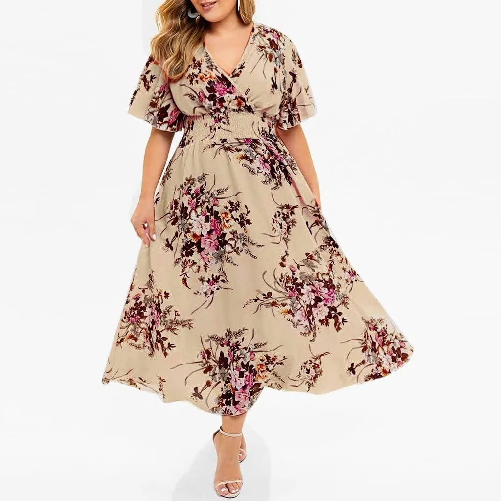 DASAYO Plus Size Dresses for Curvy Women Floral Maxi Dress Short Sleeve Wrap V Neck Ruffle Long Sundresses