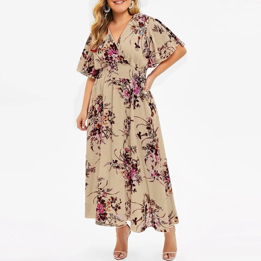 DASAYO Plus Size Dresses for Curvy Women Floral Maxi Dress Short Sleeve Wrap V Neck Ruffle Long Sundresses
