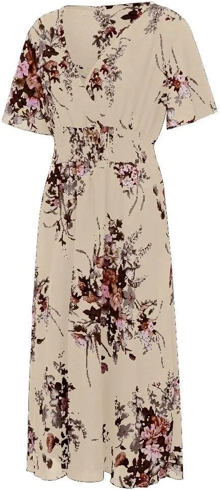 DASAYO Plus Size Dresses for Curvy Women Floral Maxi Dress Short Sleeve Wrap V Neck Ruffle Long Sundresses