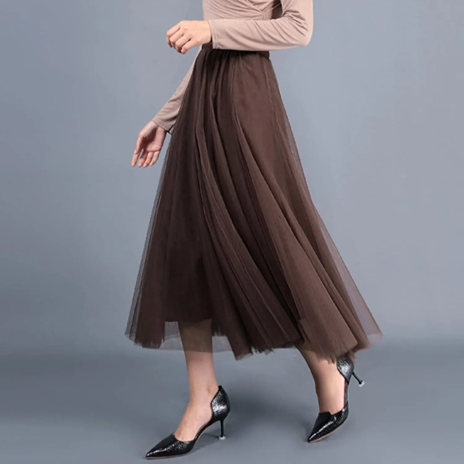 Daysskk Women's Tulle Skirt Elegant Pleated Skirts for Women Midi Length Elastic Waist