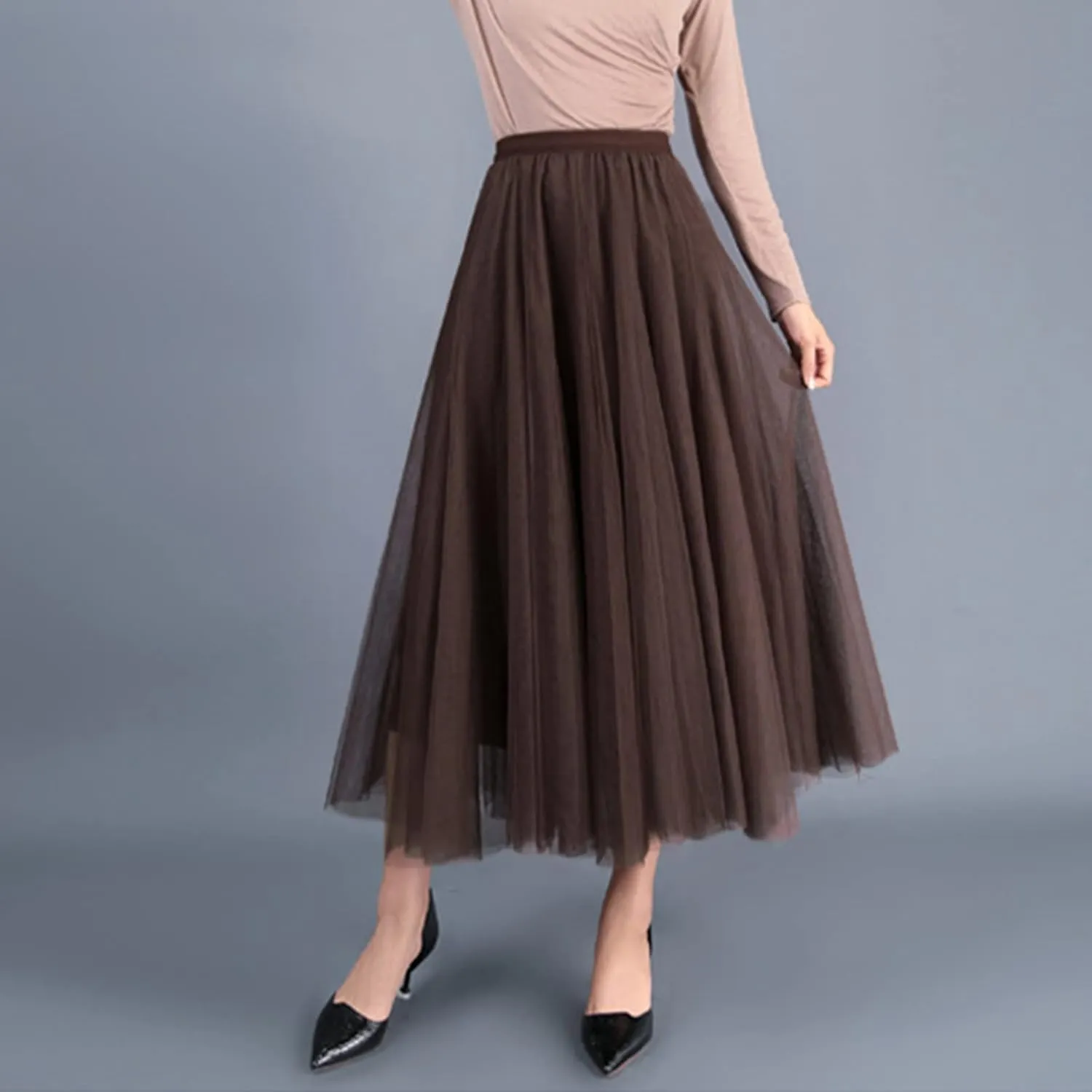 Daysskk Women's Tulle Skirt Elegant Pleated Skirts for Women Midi Length Elastic Waist