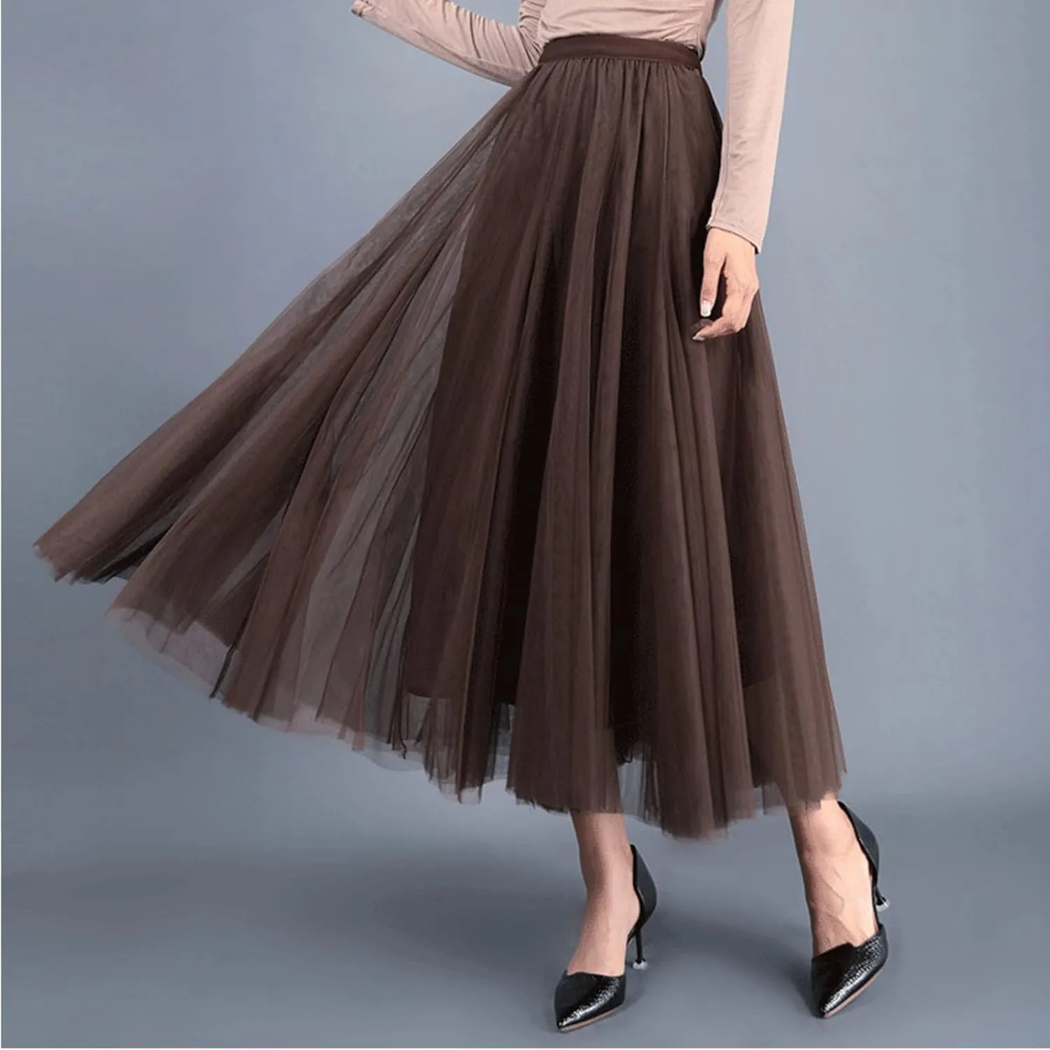 Daysskk Women's Tulle Skirt Elegant Pleated Skirts for Women Midi Length Elastic Waist