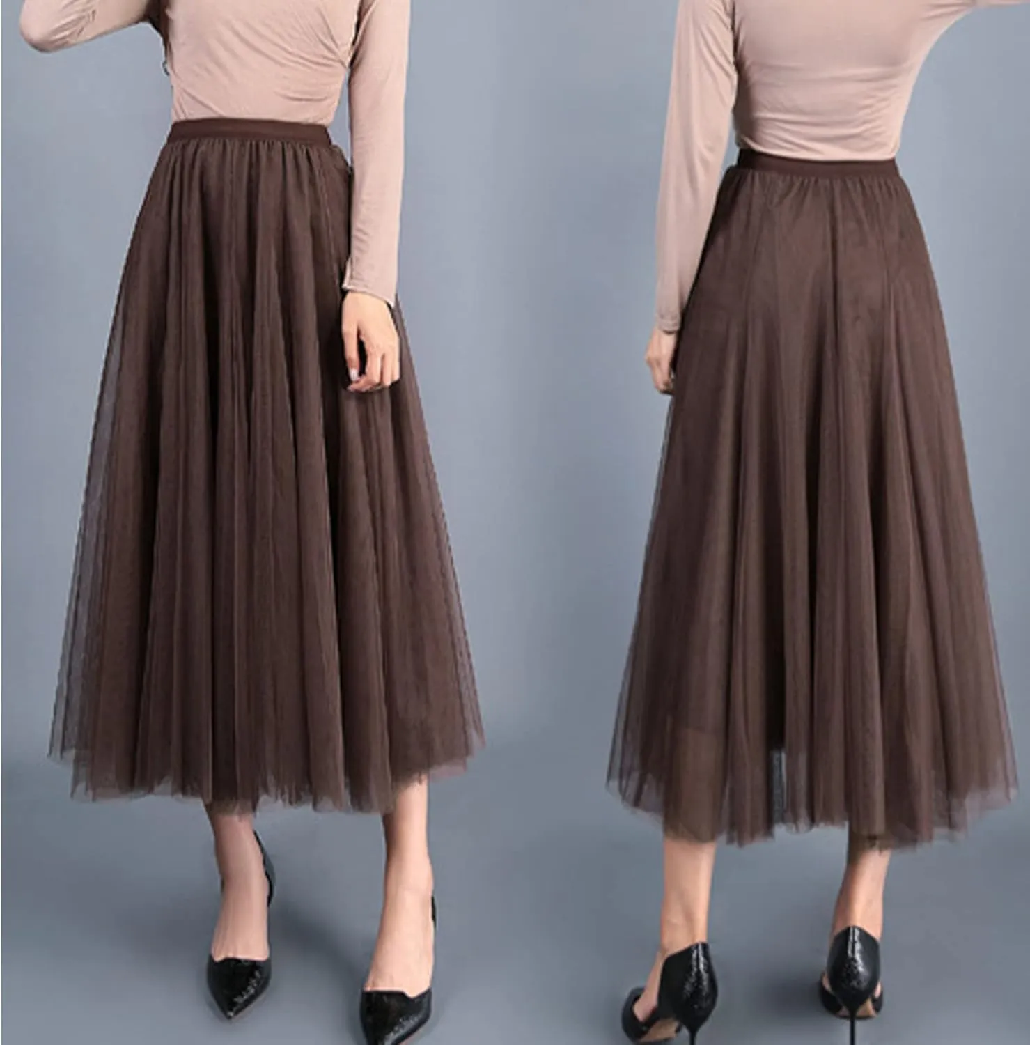 Daysskk Women's Tulle Skirt Elegant Pleated Skirts for Women Midi Length Elastic Waist