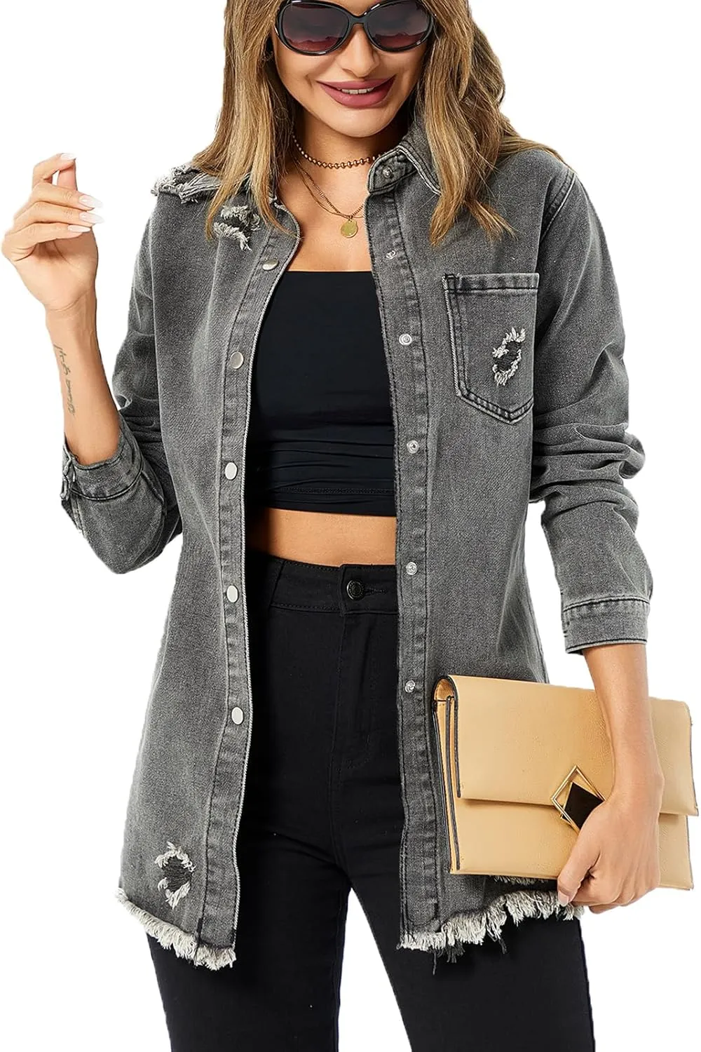 Denim Jackets for Women Casual Long Boyfriend Distresse Frayed Hem Shacket Jean Jacket Autumn Spring