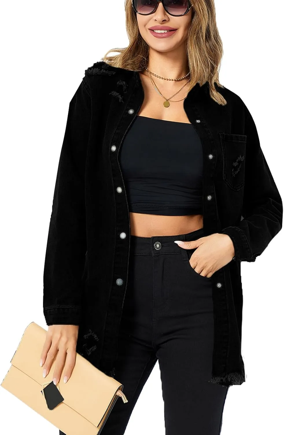 Denim Jackets for Women Casual Long Boyfriend Distresse Frayed Hem Shacket Jean Jacket Autumn Spring