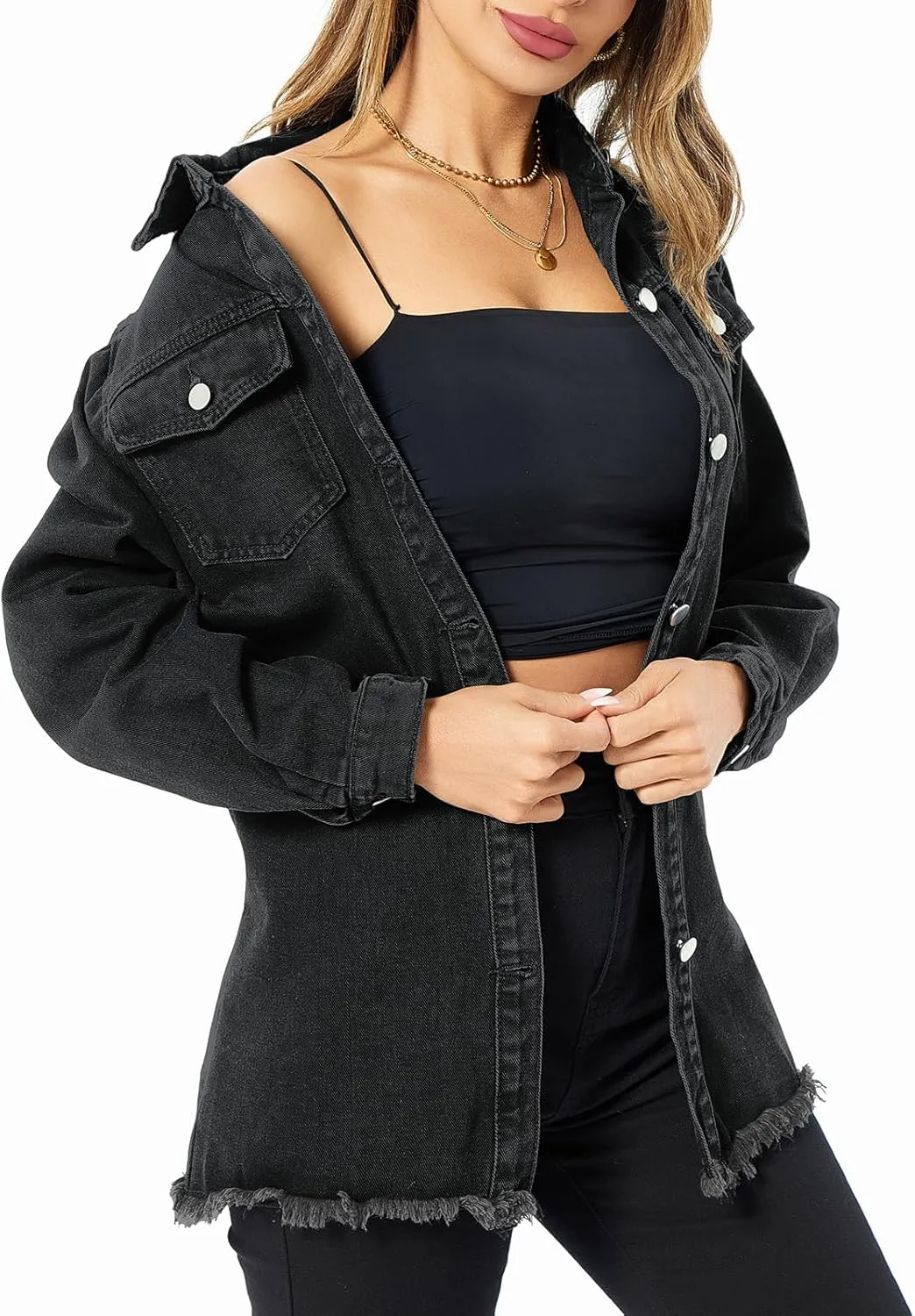 Denim Jackets for Women Casual Long Boyfriend Distresse Frayed Hem Shacket Jean Jacket Autumn Spring