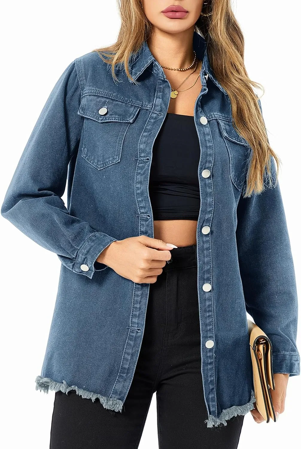 Denim Jackets for Women Casual Long Boyfriend Distresse Frayed Hem Shacket Jean Jacket Autumn Spring