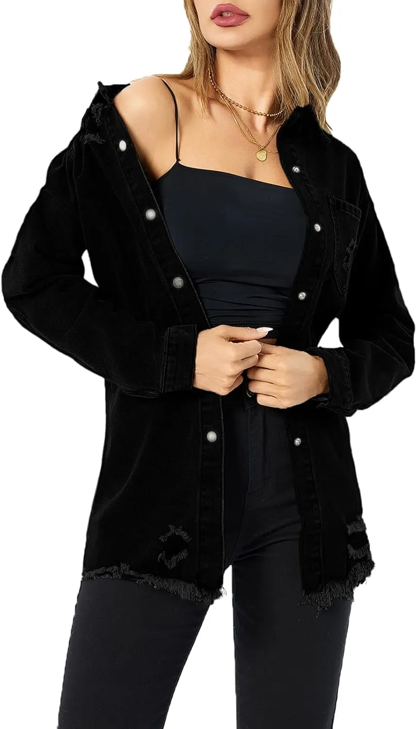 Denim Jackets for Women Casual Long Boyfriend Distresse Frayed Hem Shacket Jean Jacket Autumn Spring