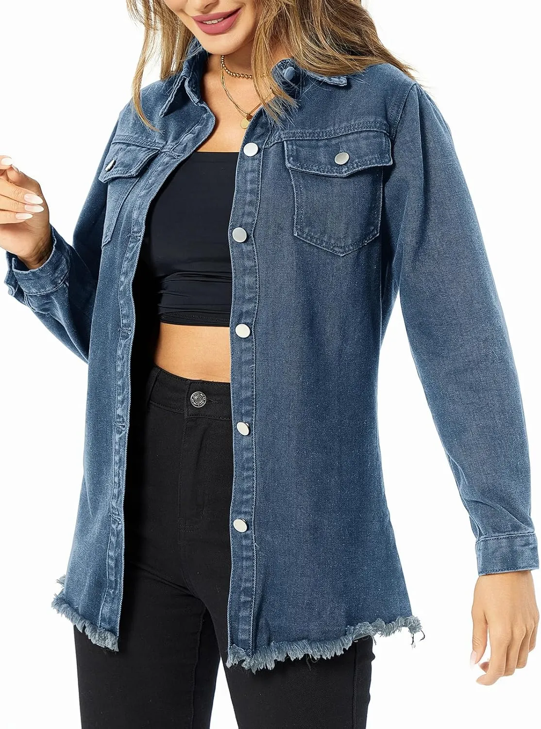 Denim Jackets for Women Casual Long Boyfriend Distresse Frayed Hem Shacket Jean Jacket Autumn Spring