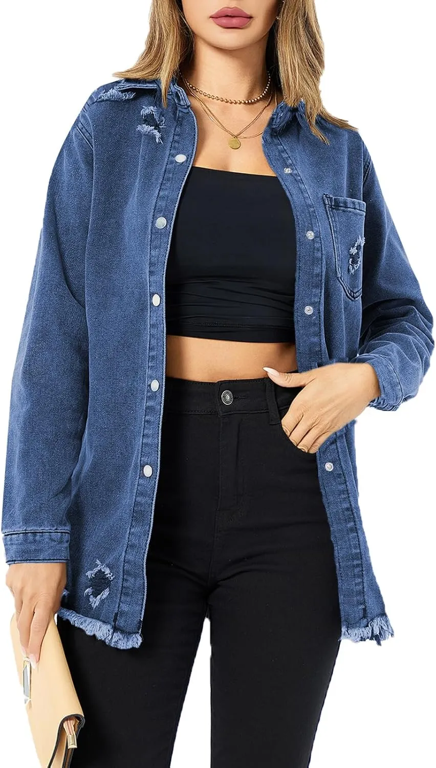 Denim Jackets for Women Casual Long Boyfriend Distresse Frayed Hem Shacket Jean Jacket Autumn Spring