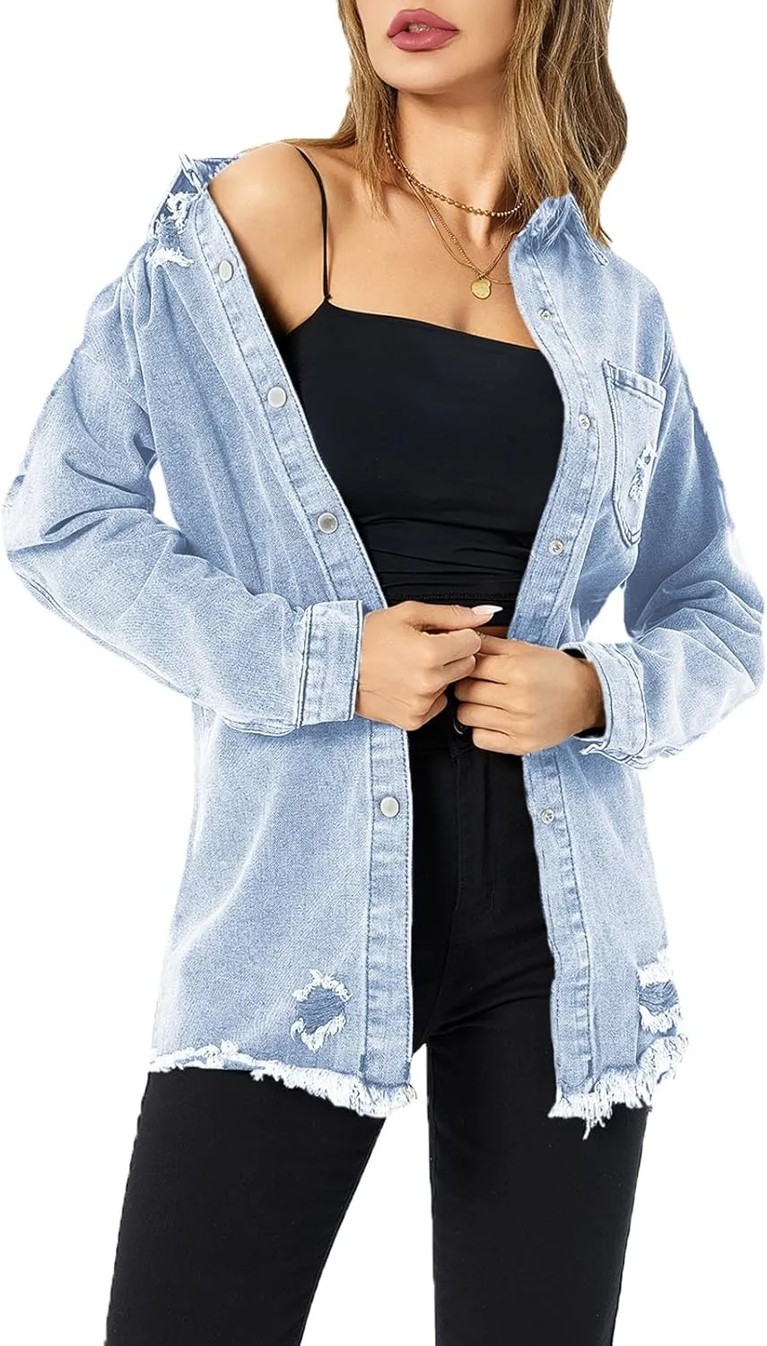 Denim Jackets for Women Casual Long Boyfriend Distresse Frayed Hem Shacket Jean Jacket Autumn Spring