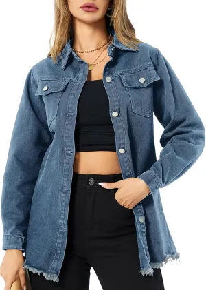 Denim Jackets for Women Casual Long Boyfriend Distresse Frayed Hem Shacket Jean Jacket Autumn Spring